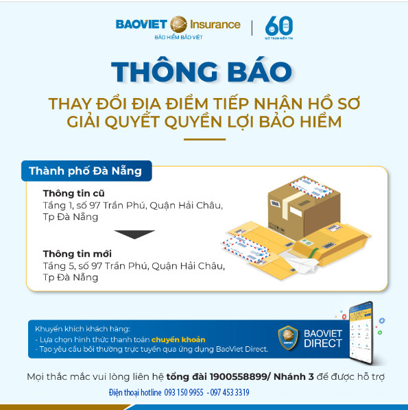Thông báo thay đổi địa điểm nộp hồ sơ bồi thường tại Đà Nẵng